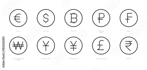 Global currency black line icon set. Euro, dollar, bitcoin - cryptocurrency, russian ruble, franc, won, yuan, yen, pound sterling, rupee. World money.Round shape. Editable stroke. Vector illustration.