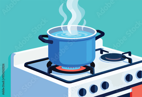 A blue pot filled with water on a stovetop, over a bright gas flame emitting steam. Clean, simple, graphic style