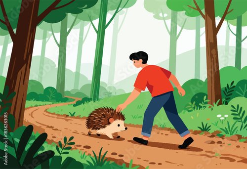 A person with black hair in red shirt and blue jeans reaching out to touch a hedgehog on a forest trail