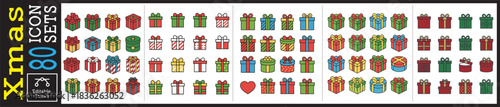Festive collection of colorful gift box icons for holiday promotions and greeting card designs, offering a vibrant and cheerful aesthetic this winter season