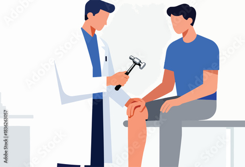 A doctor examines a patient's knee with a reflex hammer. The patient is sitting, the doctor standing