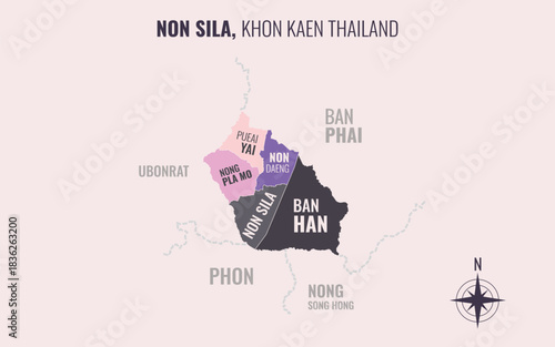 Map showing Non Sila District Khon Kaen Thailand divided into sub-districts with minimalist colorful patterns
.eps