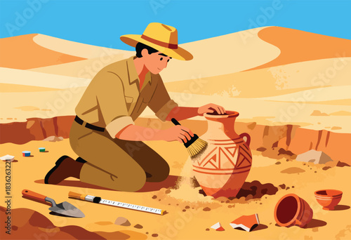 An archaeologist in a desert cleans a patterned jar near scattered pottery, tools, under a blue sky