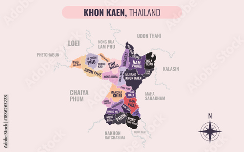 A map showing Khon Kaen Thailand divided into districts in a minimalist colorful style.eps
