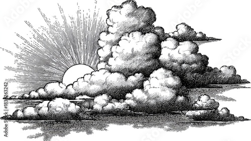 Detailed pen and ink style illustration depicts a bright sun emerging from behind voluminous cumulus cloud formations
