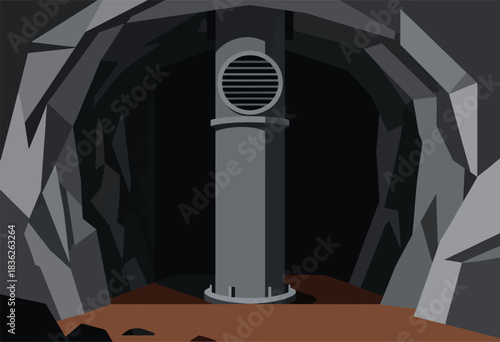 A geometric illustration of a cave interior with a central ventilation shaft