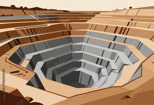 Illustration of a geometric, multi-level open pit mine with layered brown and gray tones