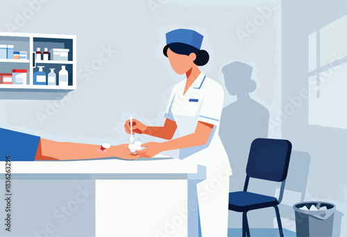 A nurse in white uniform and cap treats a patient's wound with a cotton swab in a bright, clean clinic