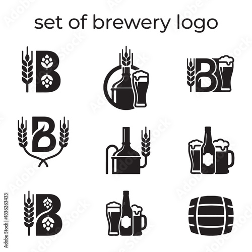 A diverse set of brewery logo icons, featuring various beer elements like hops and wheat, rendered as modern craft vector graphics for effective branding design.