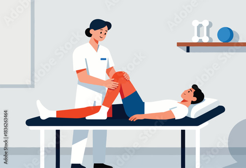 A medical professional in white uniform examines a patient's knee while he lays on a table in a clinic