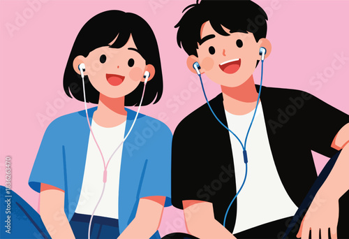 A colorful digital illustration shows a smiling couple listening to music with wired earphones, seated against a pink background