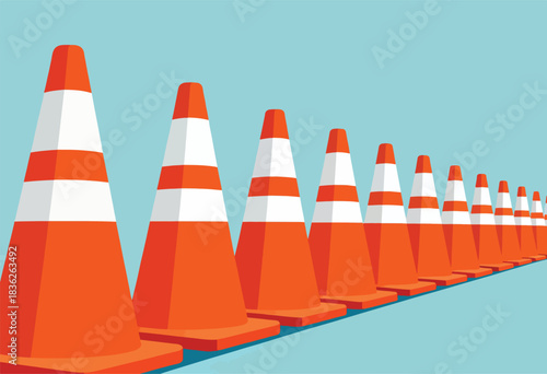 A line of orange traffic cones with white stripes against a light blue backdrop, perspective creates depth