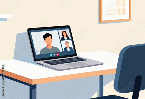 A laptop displays a video conference with three participants. A chair and a framed artwork sit nearby
