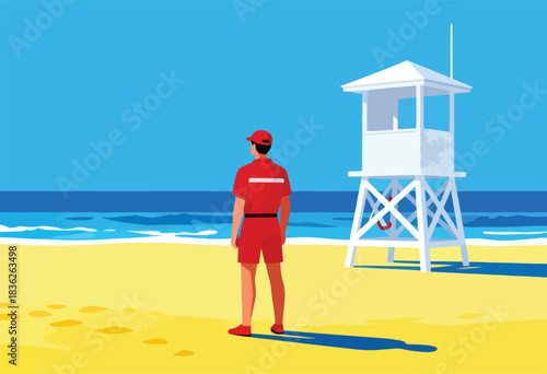 A lifeguard in red uniform observes the ocean from a beach next to a white lifeguard tower