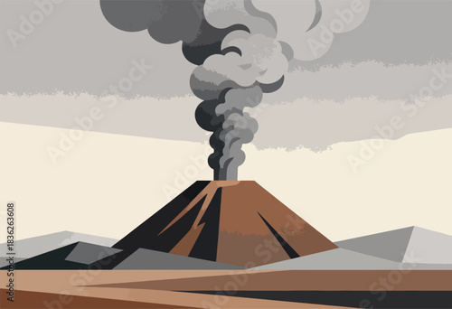 A minimalist illustration of a volcano erupting with smoke against a neutral, abstract landscape