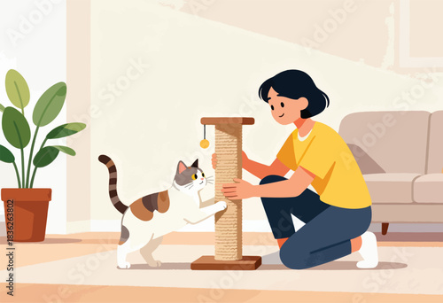A person plays with a cat near a scratching post and a potted plant in a living room