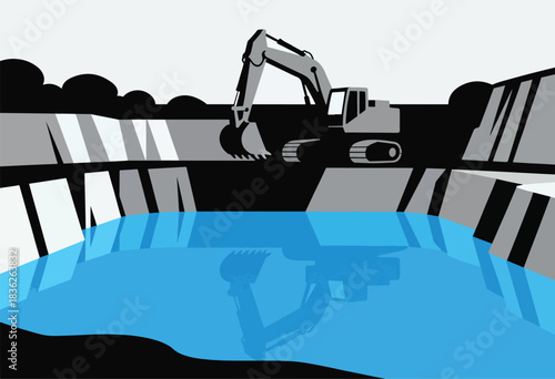 Stylized illustration depicts an excavator in a quarry with a water reflection. A minimal color palette is used