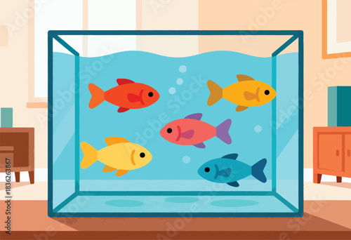 A colorful fish tank displays various fish with bubbles, within a room setting of neutral hues and furniture