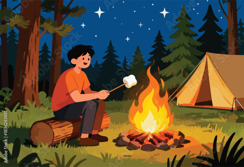 A person roasts a marshmallow over a campfire at night, with a tent and forest in the background