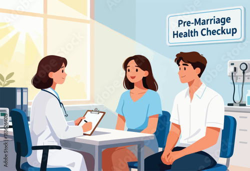 A doctor consults with a couple about pre-marriage health, a medical exam in a light-filled office
