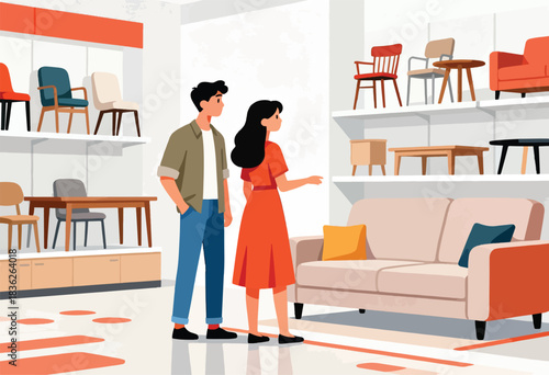 A couple explores a furniture store, looking at sofas, chairs, and tables on display. They examine a couch