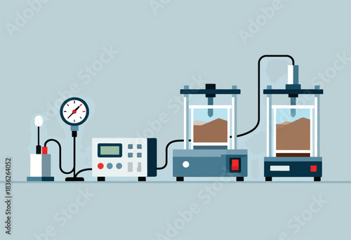 A scientific lab illustration depicts apparatuses gauges, machines, vessels holding brown material, connected by tubes, switches