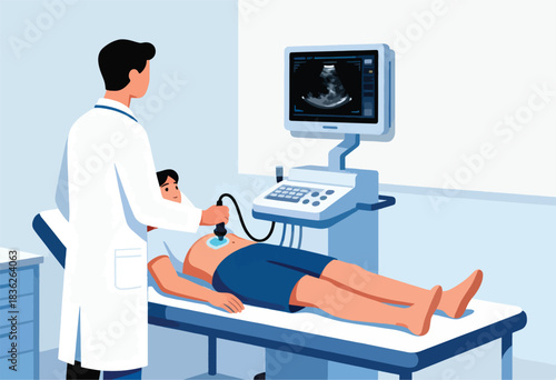 Illustration of a medical ultrasound exam. A doctor scans a patient's abdomen while viewing images on a screen