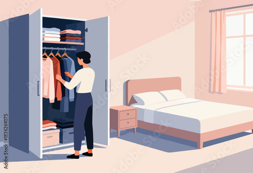 A person selects clothes from a closet in a bedroom, a bed is visible with a window and curtains