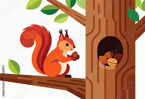 Stylized illustration of a squirrel holding a nut on a tree branch, with a tree trunk and nuts in a hole