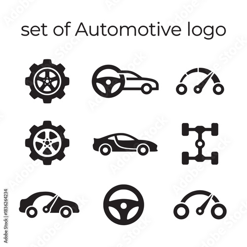 Modern Automotive Industry Vector Set of Black Flat Car Icons and Logo Design Elements for Digital Projects.