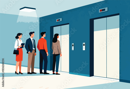 Illustration of four people, in business attire, waiting in an office setting for elevators.  Abstract and geometric style