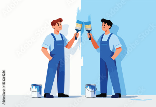 Two cartoon painters in blue overalls are toasting brushes in front of a half painted wall