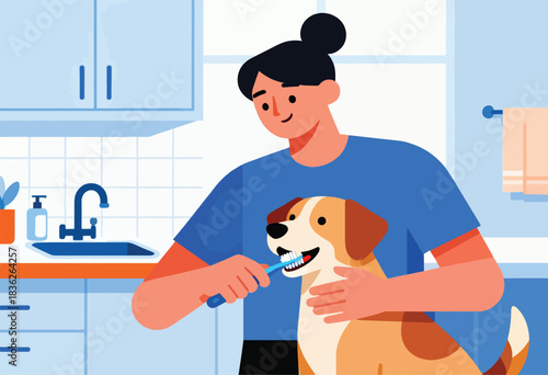 An illustrated person brushes a dog's teeth in a bathroom. Cleanliness and care are depicted