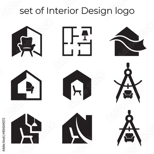 Minimalist Modern Vector Icon Set of Interior Design and Architecture Logo concepts, featuring Home Furniture within House shapes.