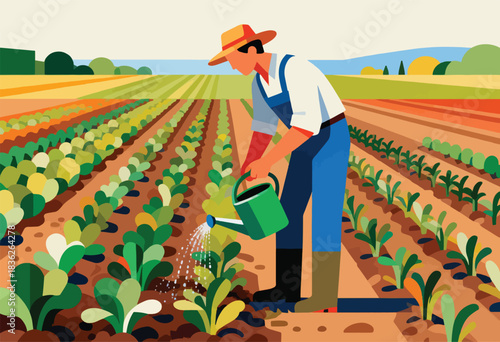 A farmer waters rows of leafy plants in a field. Vibrant colors and a stylized design depict rural agriculture
