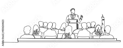 A person giving a lecture in line art for a presentation. A person giving a lecture from behind a podium and speaking to an audience is depicted in simple line art.