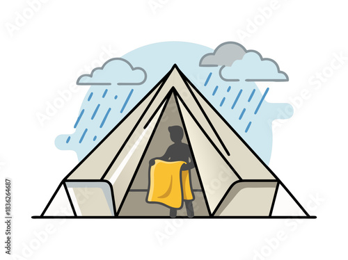 Tent Camping In The Rain A Person Stands Inside A Tent Holding A Yellow Blanket While Rain Falls From Clouds Overhead