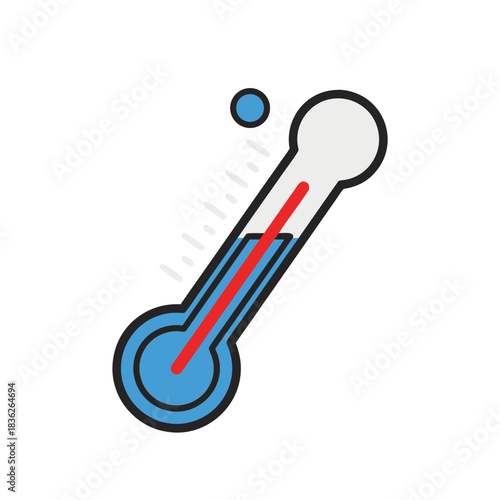 Thermometer With Blue Bulb And Red Liquid Showing High Temperature Against Black Background Flat Vector Art Minimalist Clean Sticker Style 2d
