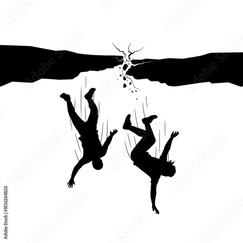 Silhouetted Figures Falling from a Cracked Surface into the Abyss.