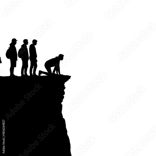 Silhouettes of a group of people standing on the edge of a cliff.