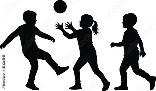Silhouette of children playing with a ball active childhood fun and recreation