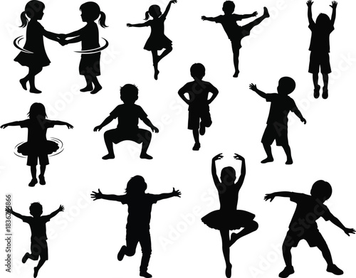 Silhouette collection of children playing and dancing in various poses and activities