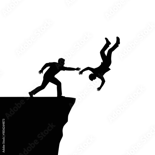 Man reaching to save another person falling from cliff edge.
