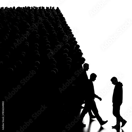 Silhouettes of individuals walking away from a large conforming crowd.
