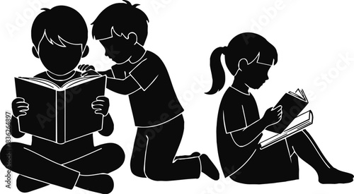 Silhouette illustration of children reading books together in a group setting