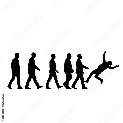 Silhouette of a man falling in a sequence of walking figures.