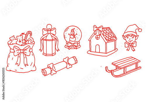 Hand-drawn Christmas doodle icon set. Red line art vector collection with elf, Santa's sack, gingerbread house, and sleigh. Festive holiday elements isolated on white background.
