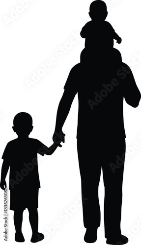 Family silhouette, parent with children, bonding moment, caregiving concept, parenting support, love, unity, togetherness, black and white art