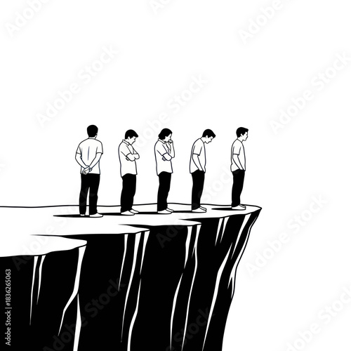 Group of people standing on the edge of a cliff looking down.