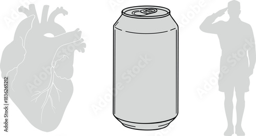 Heart illustration, soda can, saluting figure, health and lifestyle contrast, anatomy, discipline, consumer culture, symbolic composition, grayscale
